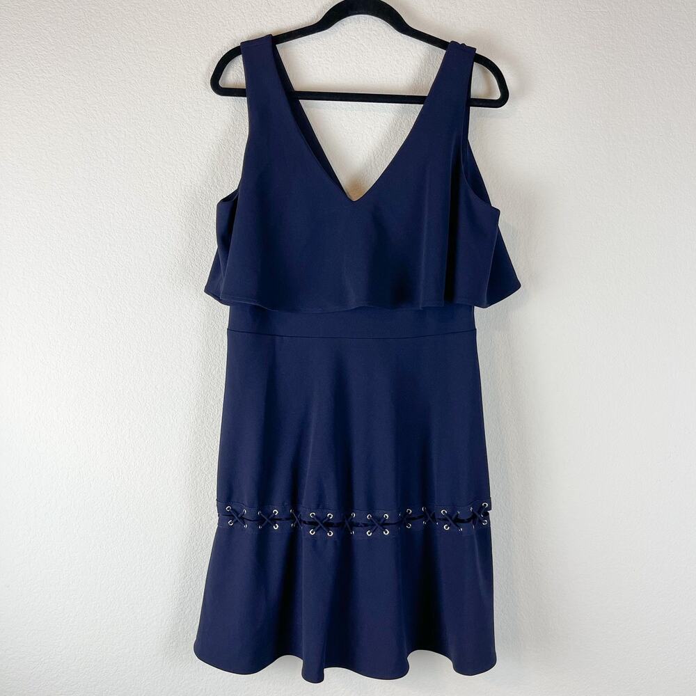 Belle Badgley Mischka Fiona Dress 12 Blue Ruffle Flounce Sleeveless V-Neck Flowy
